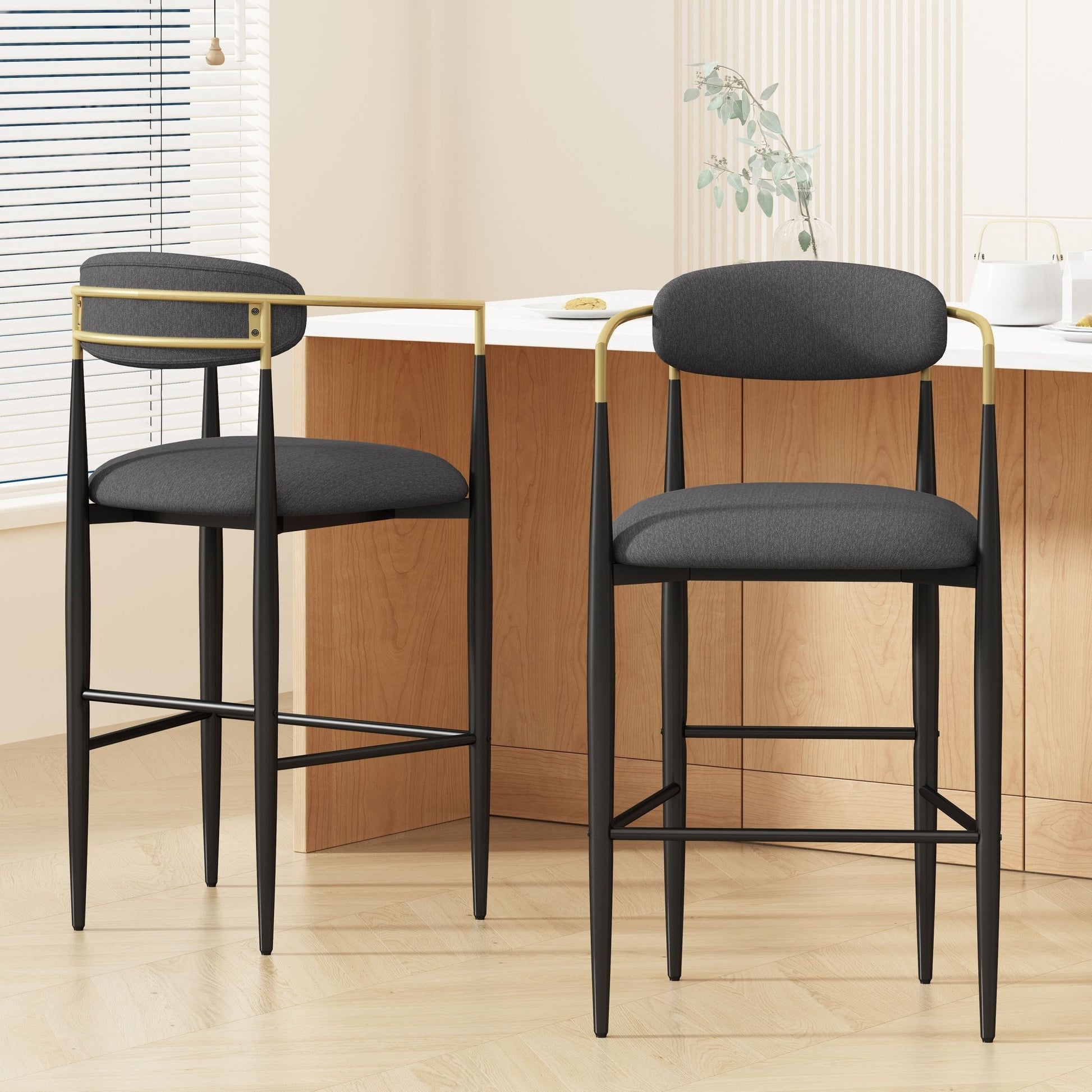 Barstools Set of 2, Upholstered Bar Stools with Backs and Iron Legs for Kitchen Island, Gray Fabric Seating 260LBS Weight Capacity - 1st Choice Furniture Direct