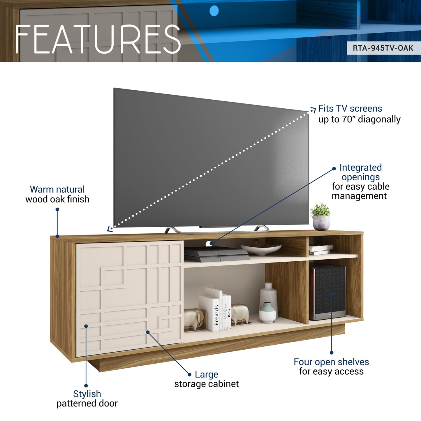 1st Choice Elegant Oak TV Stand for 70" TVs - Modern & Stylish