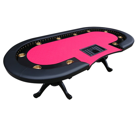 96' Poker Table for 10 Players Casino Game Texas Hold'em Premium Oval with Round Stud Rivet Decorate Waterproof Cloth Chip Tray Silver Cup Holders Red