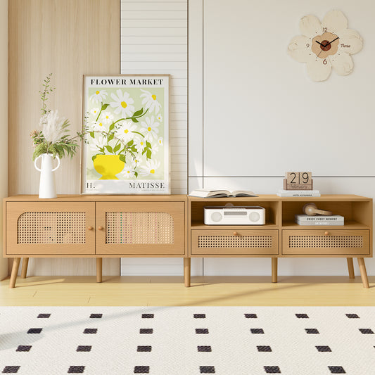 Boho TV Stand for TVs up to 85'' , Modern Farmhouse Media Console, Entertainment Center with Solid Wood Legs, TV Cabinet for Living Room, Home Theatre