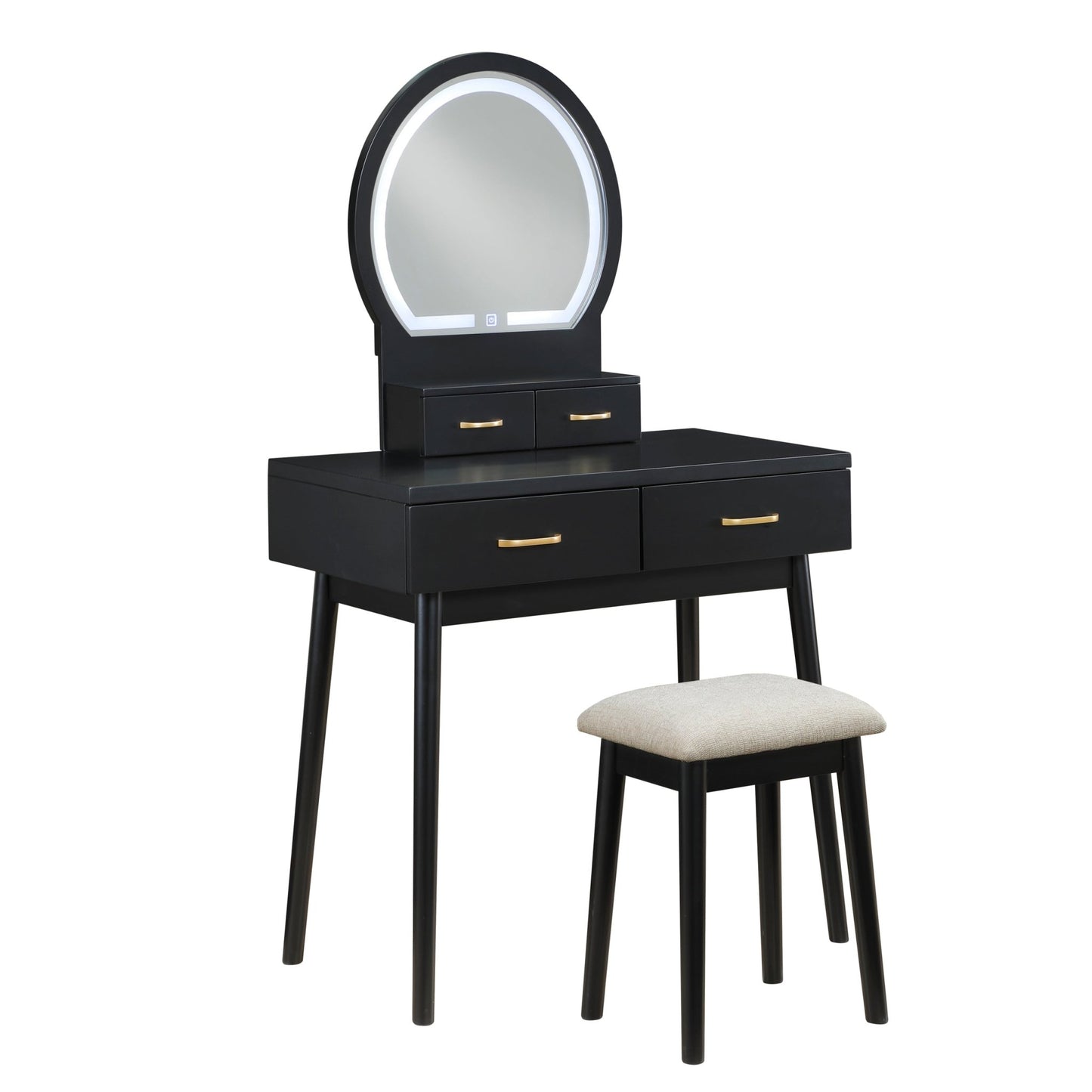 Beautiful Black Finish Vanity Dresser with Mirror and Stool Set Storage Drawers Luxury Furniture 1pc LED Mirror - 1st Choice Furniture Direct