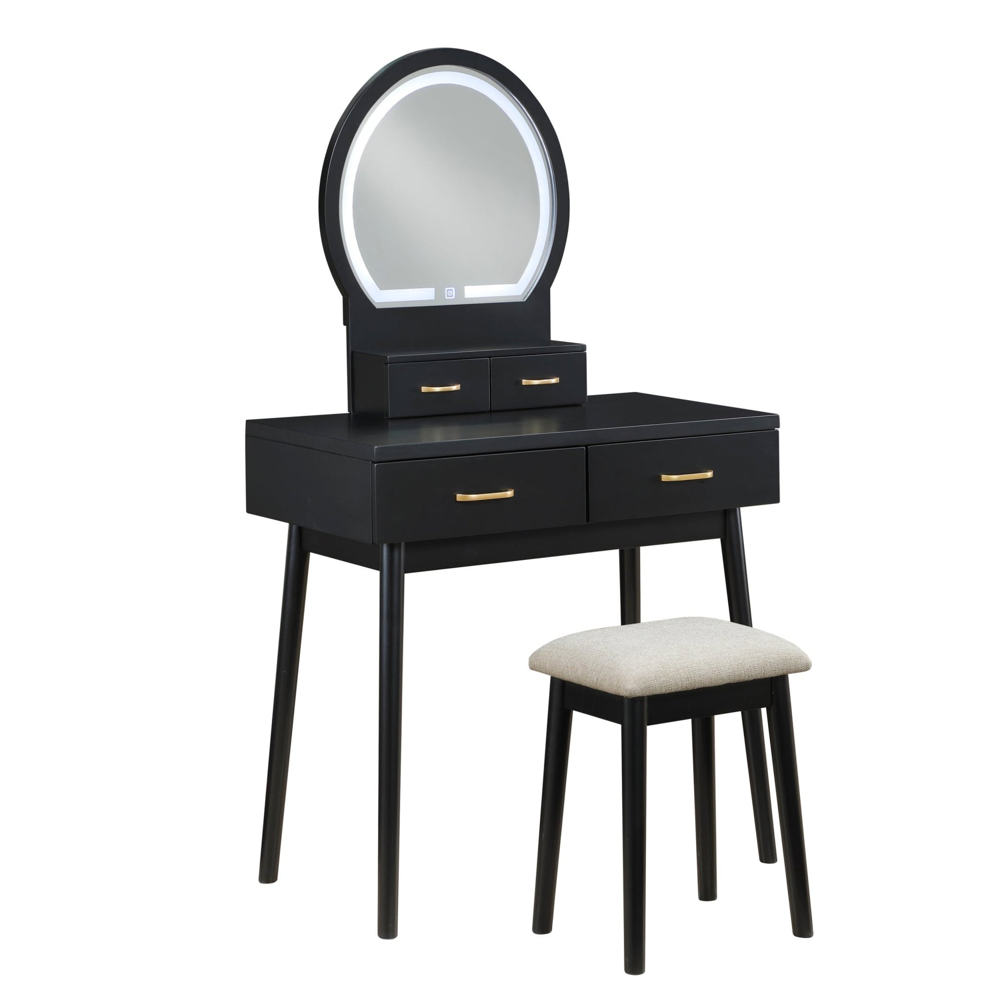 Beautiful Black Finish Vanity Dresser with Mirror and Stool Set Storage Drawers Luxury Furniture 1pc LED Mirror - 1st Choice Furniture Direct