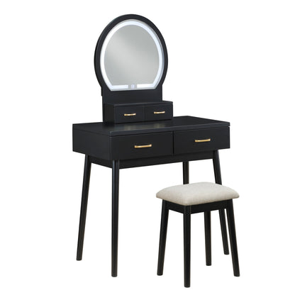 Beautiful Black Finish Vanity Dresser with Mirror and Stool Set Storage Drawers Luxury Furniture 1pc LED Mirror - 1st Choice Furniture Direct