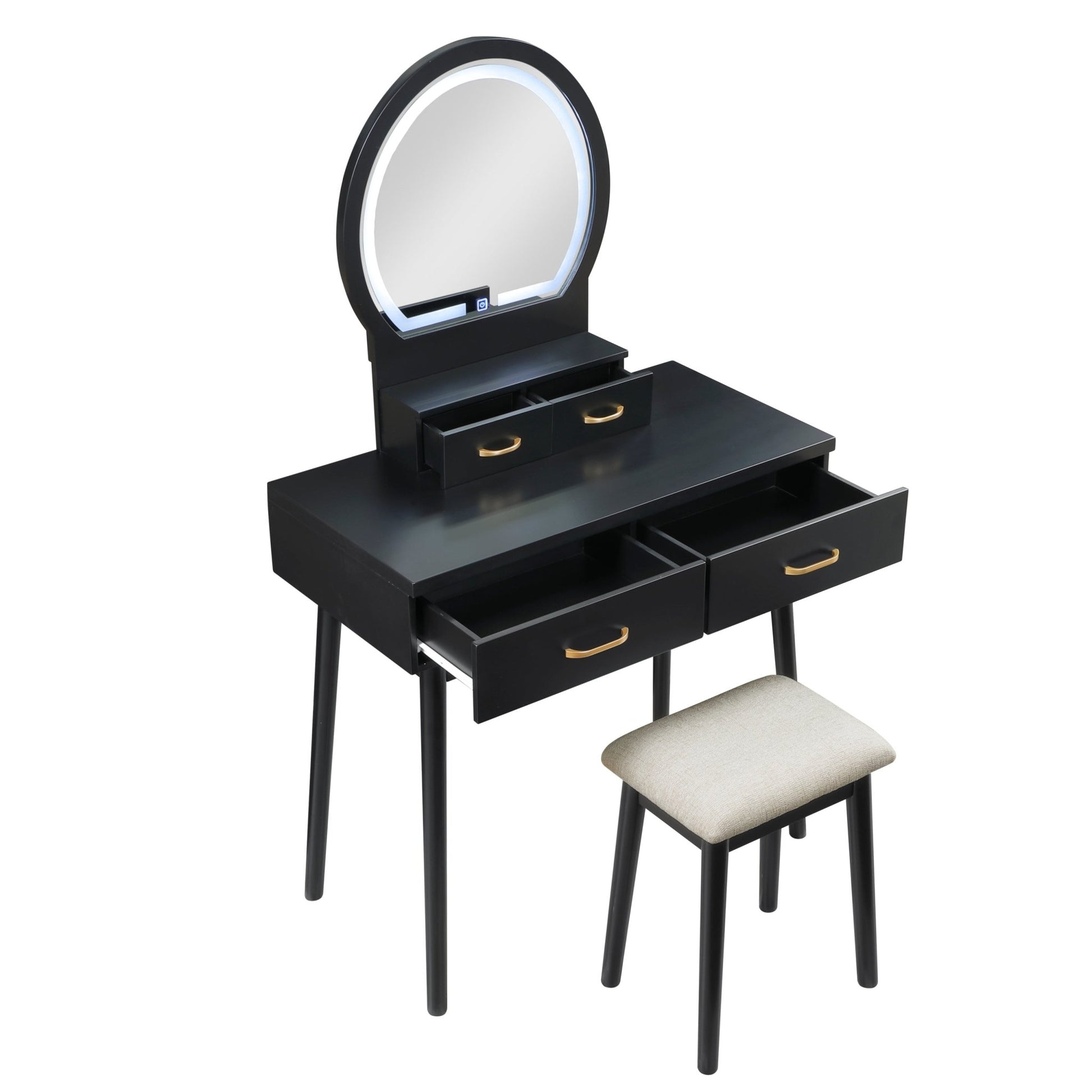 Beautiful Black Finish Vanity Dresser with Mirror and Stool Set Storage Drawers Luxury Furniture 1pc LED Mirror - 1st Choice Furniture Direct