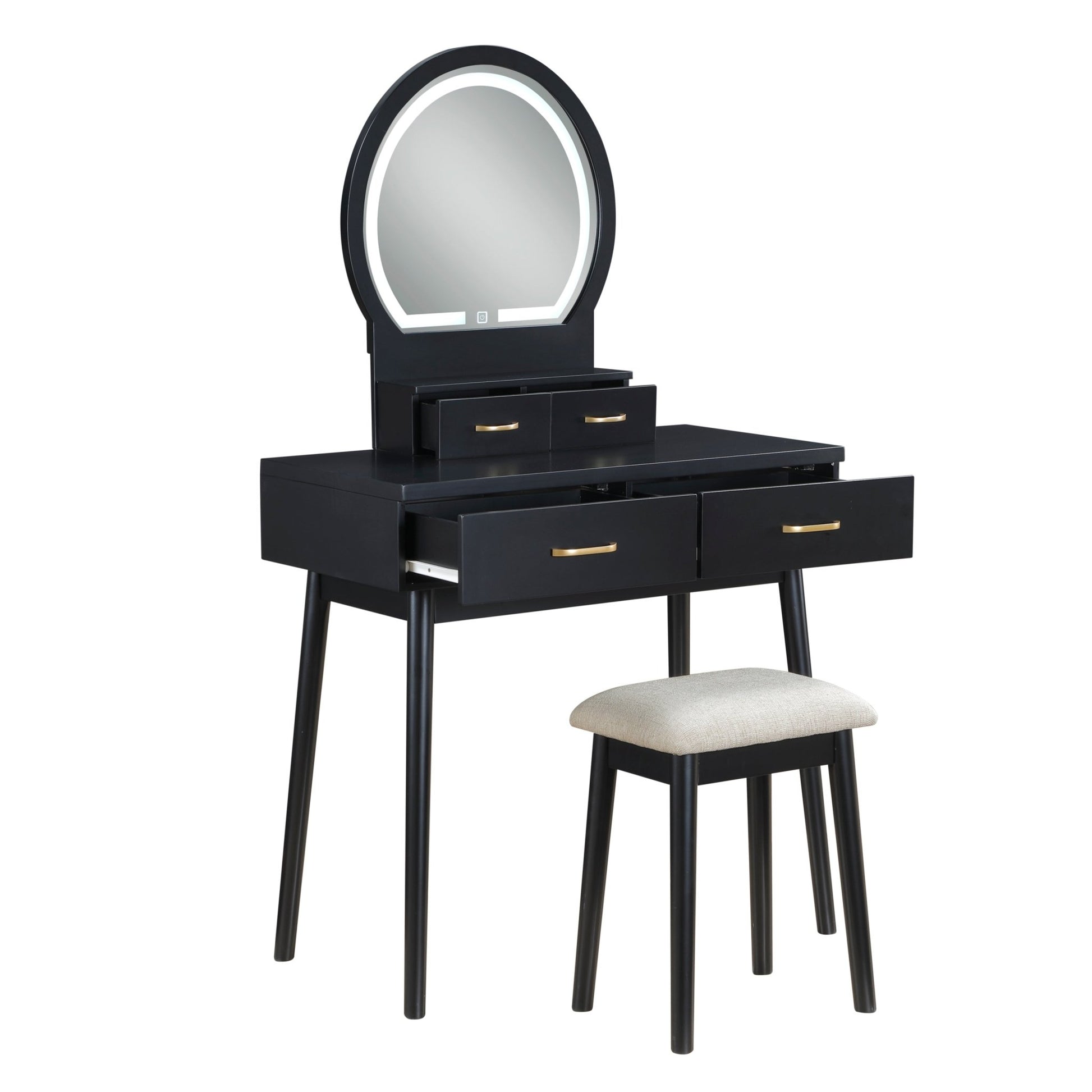 Beautiful Black Finish Vanity Dresser with Mirror and Stool Set Storage Drawers Luxury Furniture 1pc LED Mirror - 1st Choice Furniture Direct