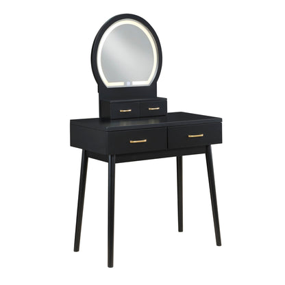 Beautiful Black Finish Vanity Dresser with Mirror and Stool Set Storage Drawers Luxury Furniture 1pc LED Mirror - 1st Choice Furniture Direct
