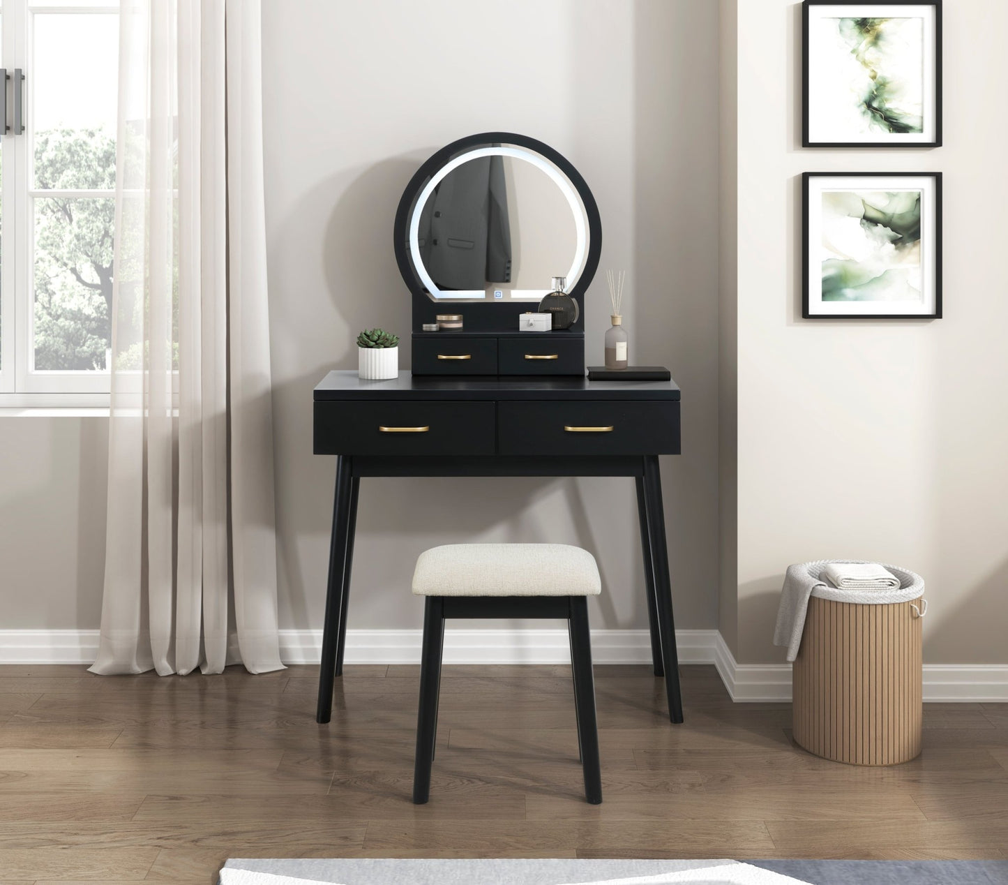 Beautiful Black Finish Vanity Dresser with Mirror and Stool Set Storage Drawers Luxury Furniture 1pc LED Mirror - 1st Choice Furniture Direct