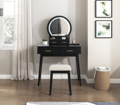 Beautiful Black Finish Vanity Dresser with Mirror and Stool Set Storage Drawers Luxury Furniture 1pc LED Mirror - 1st Choice Furniture Direct