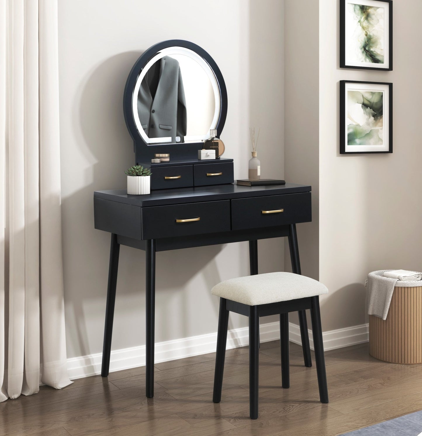 Beautiful Black Finish Vanity Dresser with Mirror and Stool Set Storage Drawers Luxury Furniture 1pc LED Mirror - 1st Choice Furniture Direct