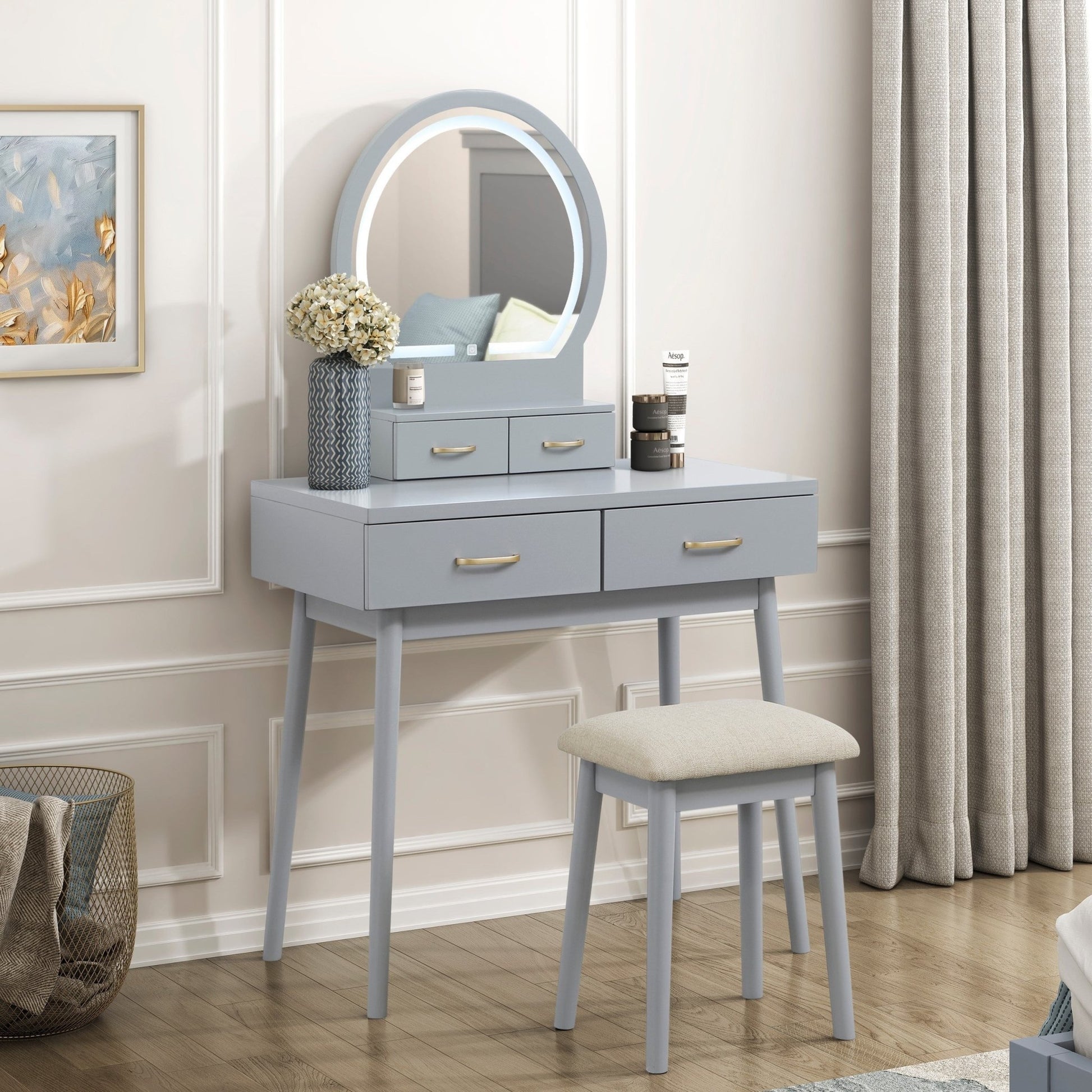 Beautiful Gray Finish Vanity Dresser with Mirror and Stool Set Storage Drawers Luxury Furniture 1pc LED Mirror - 1st Choice Furniture Direct