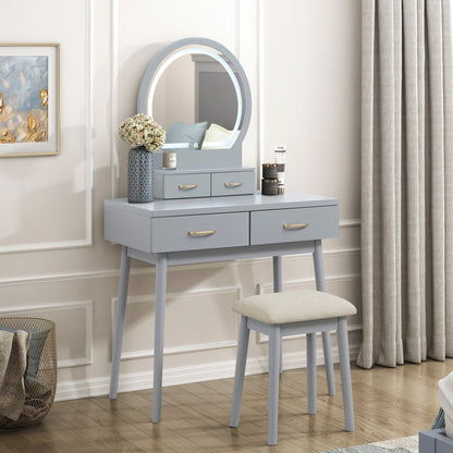 Beautiful Gray Finish Vanity Dresser with Mirror and Stool Set Storage Drawers Luxury Furniture 1pc LED Mirror - 1st Choice Furniture Direct