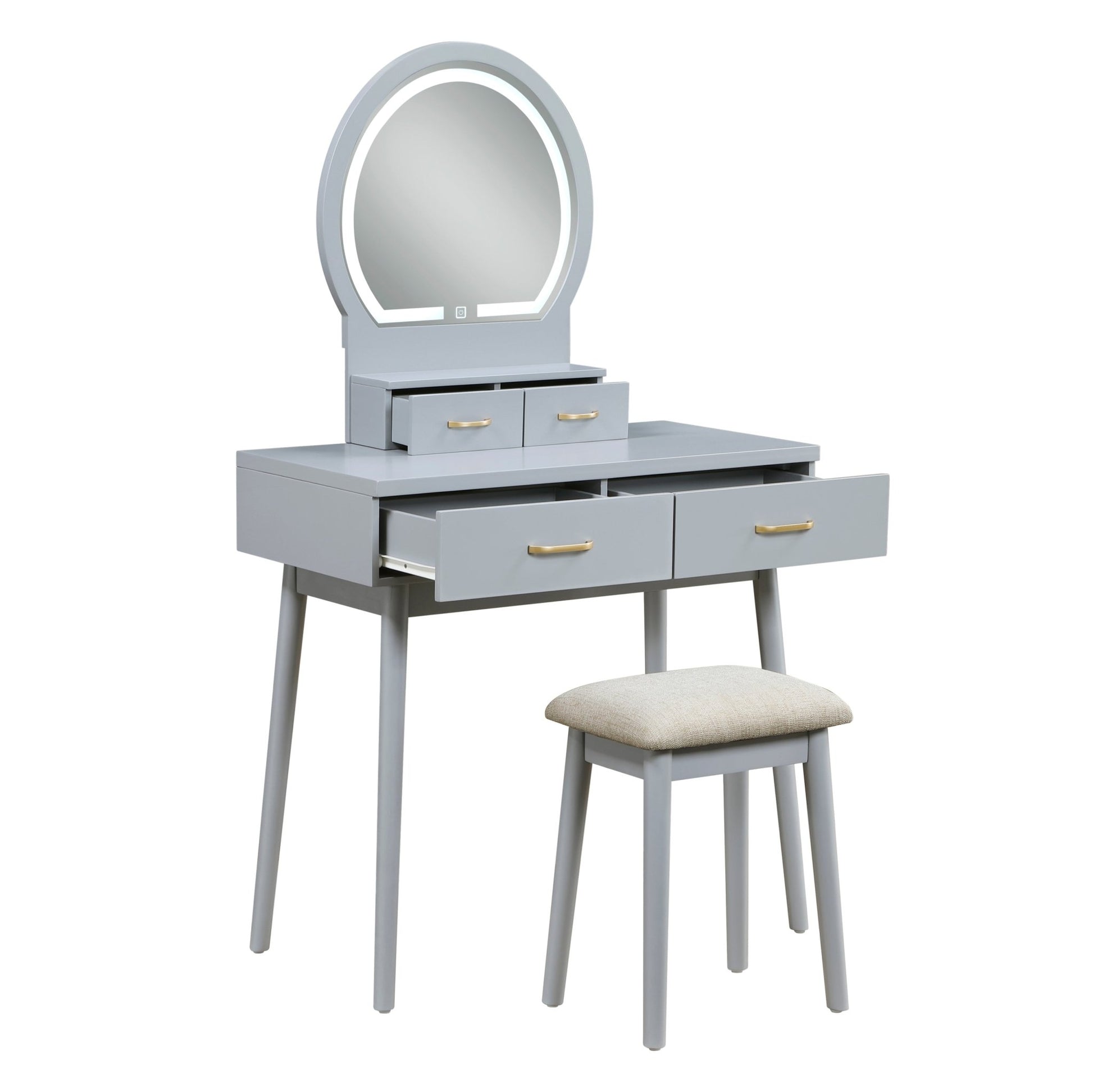 Beautiful Gray Finish Vanity Dresser with Mirror and Stool Set Storage Drawers Luxury Furniture 1pc LED Mirror - 1st Choice Furniture Direct