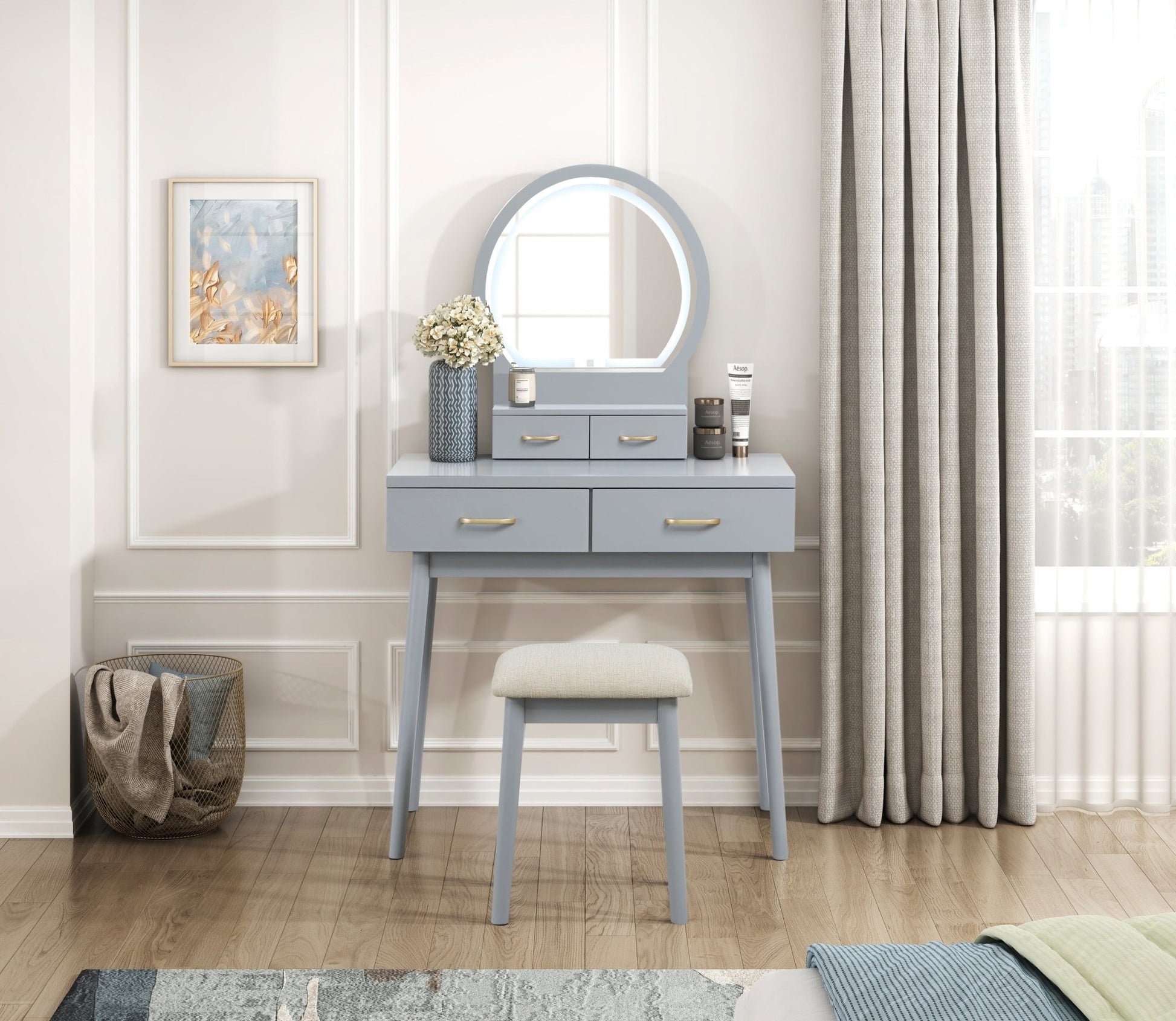 Beautiful Gray Finish Vanity Dresser with Mirror and Stool Set Storage Drawers Luxury Furniture 1pc LED Mirror - 1st Choice Furniture Direct