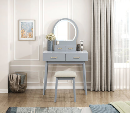 Beautiful Gray Finish Vanity Dresser with Mirror and Stool Set Storage Drawers Luxury Furniture 1pc LED Mirror - 1st Choice Furniture Direct