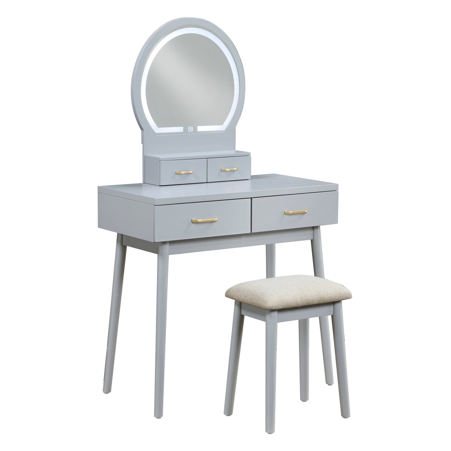 Beautiful Gray Finish Vanity Dresser with Mirror and Stool Set Storage Drawers Luxury Furniture 1pc LED Mirror - 1st Choice Furniture Direct