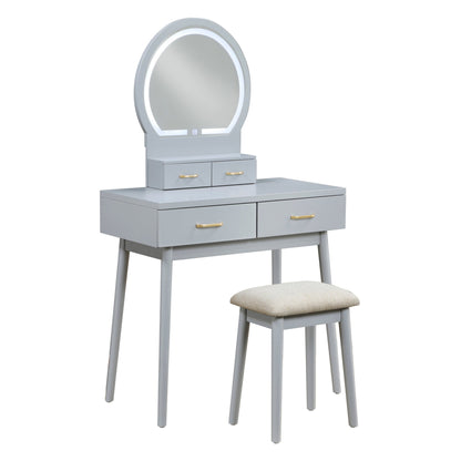 Beautiful Gray Finish Vanity Dresser with Mirror and Stool Set Storage Drawers Luxury Furniture 1pc LED Mirror - 1st Choice Furniture Direct