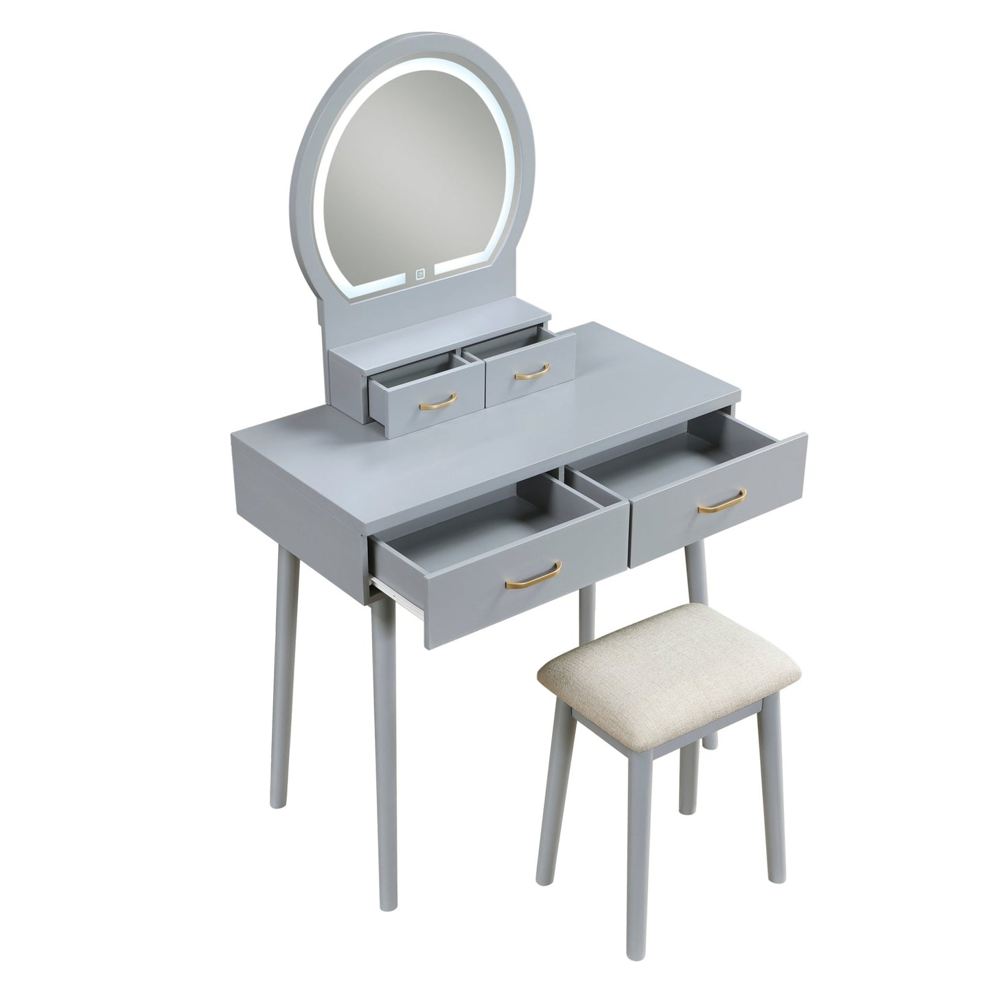 Beautiful Gray Finish Vanity Dresser with Mirror and Stool Set Storage Drawers Luxury Furniture 1pc LED Mirror - 1st Choice Furniture Direct