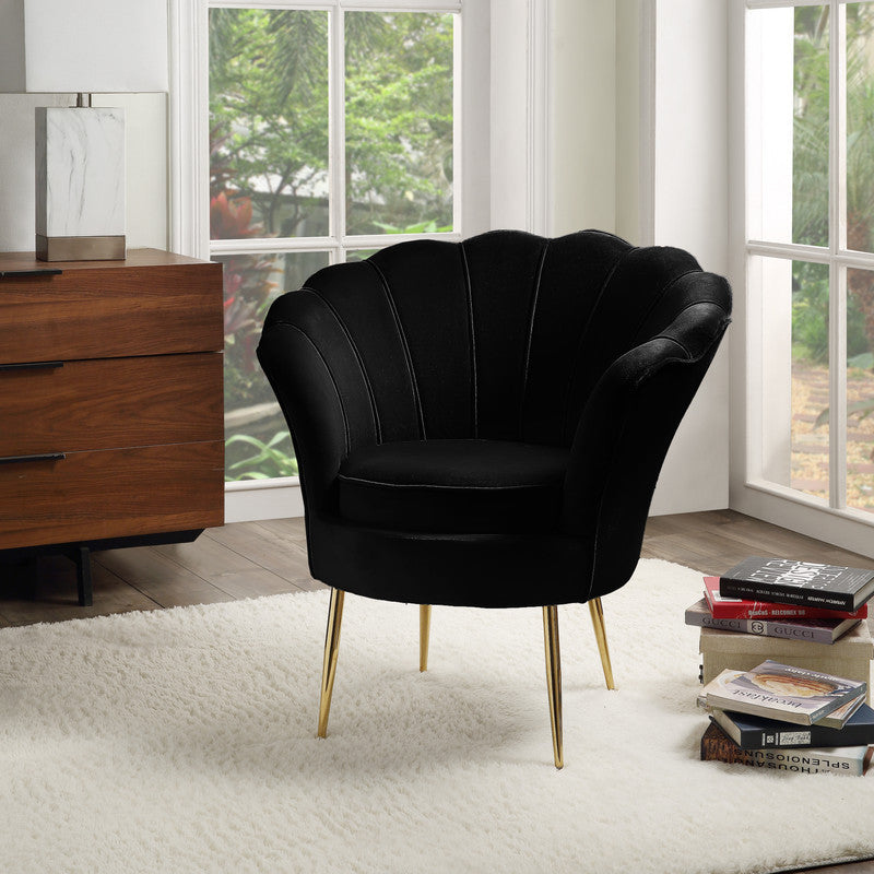 Angelina 34' Black Velvet Scalloped Back Barrel Accent Chair with Metal Legs