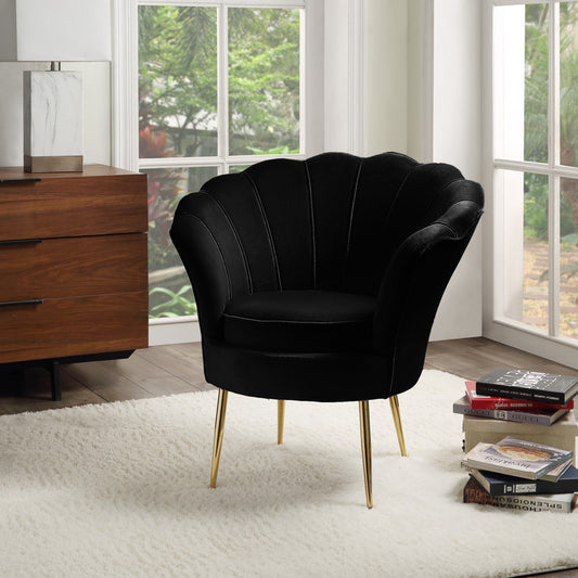 Angelina 34' Black Velvet Scalloped Back Barrel Accent Chair with Metal Legs