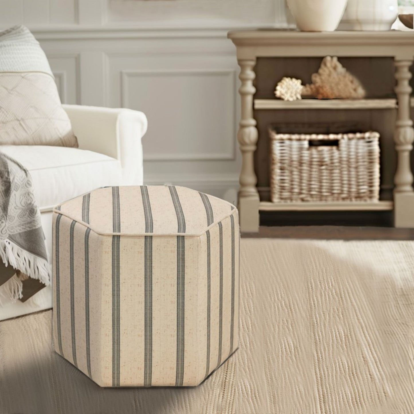 Bedford Ellen Accent Ottoman Natural Printed Stripe Fabric Solid Wood 18x18x16 - 1st Choice Furniture Direct