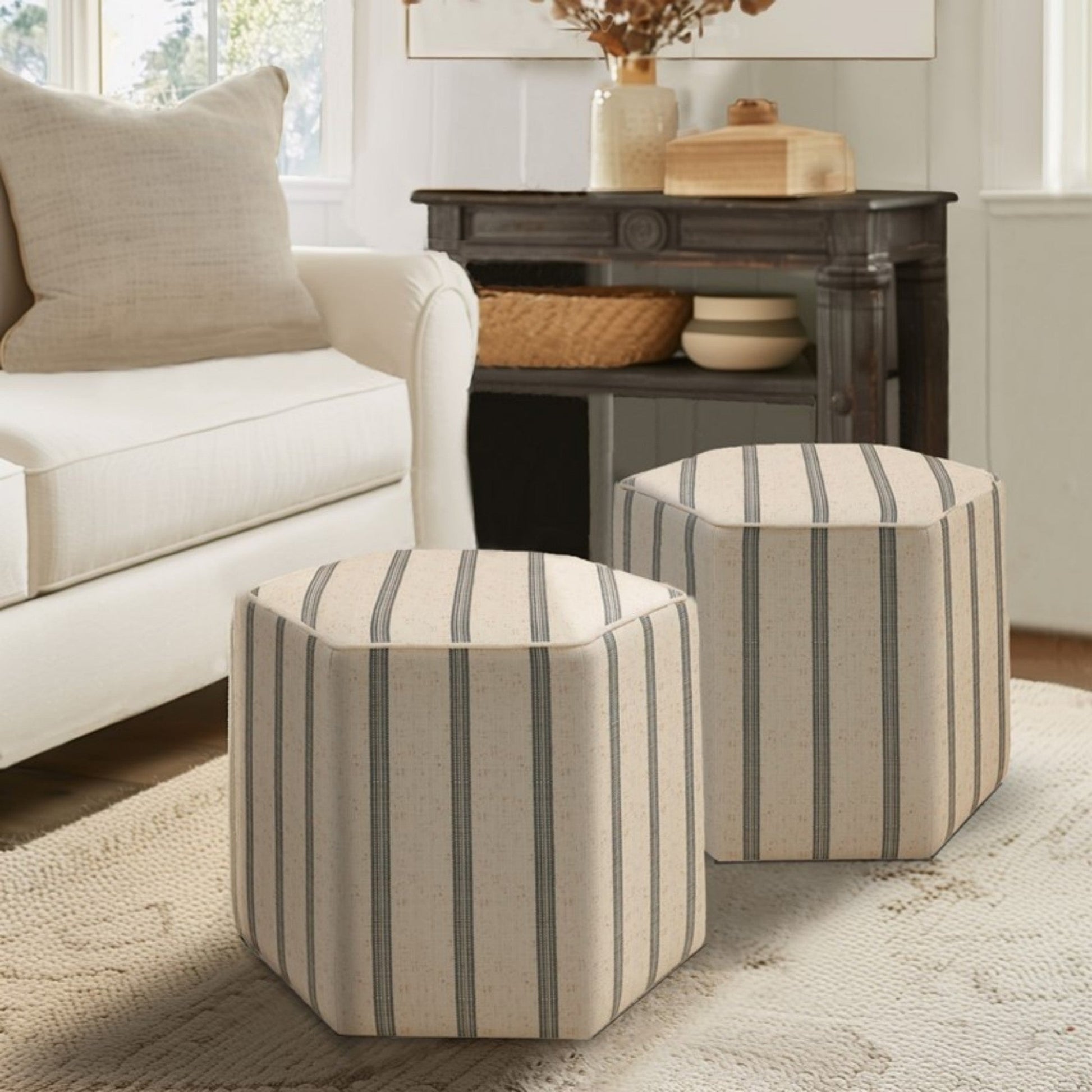 Bedford Ellen Accent Ottoman Natural Printed Stripe Fabric Solid Wood 18x18x16 - 1st Choice Furniture Direct