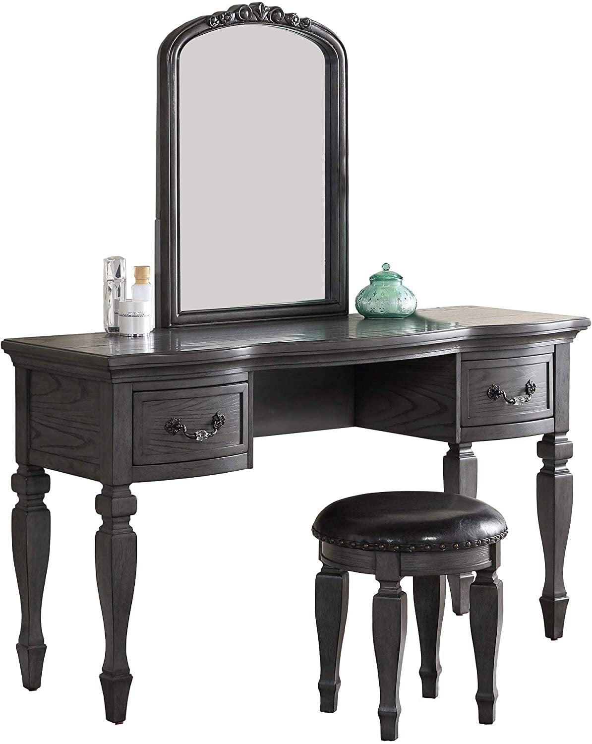 Bedroom Classic Vanity Set Wooden Carved Mirror Stool Drawers Antique Grey Finish - 1st Choice Furniture Direct