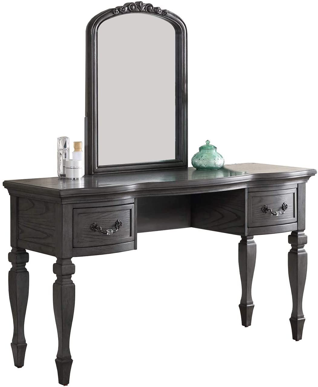 Bedroom Classic Vanity Set Wooden Carved Mirror Stool Drawers Antique Grey Finish - 1st Choice Furniture Direct