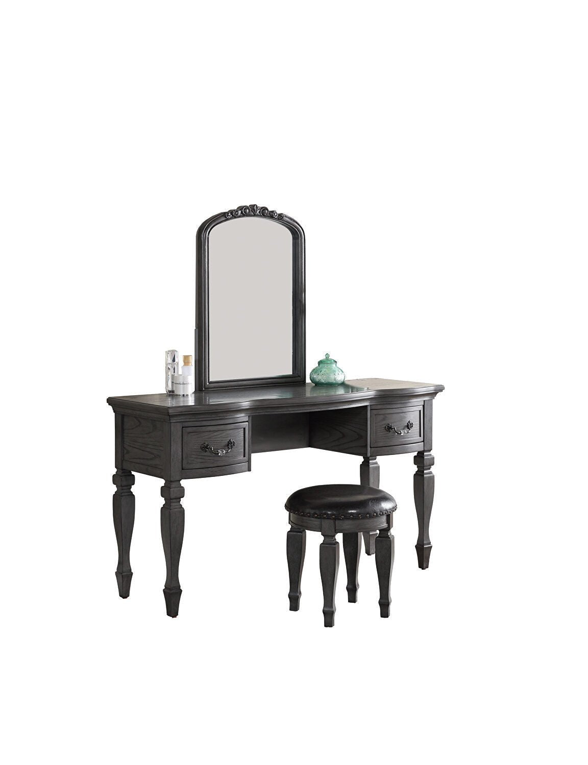 Bedroom Classic Vanity Set Wooden Carved Mirror Stool Drawers Antique Grey Finish - 1st Choice Furniture Direct