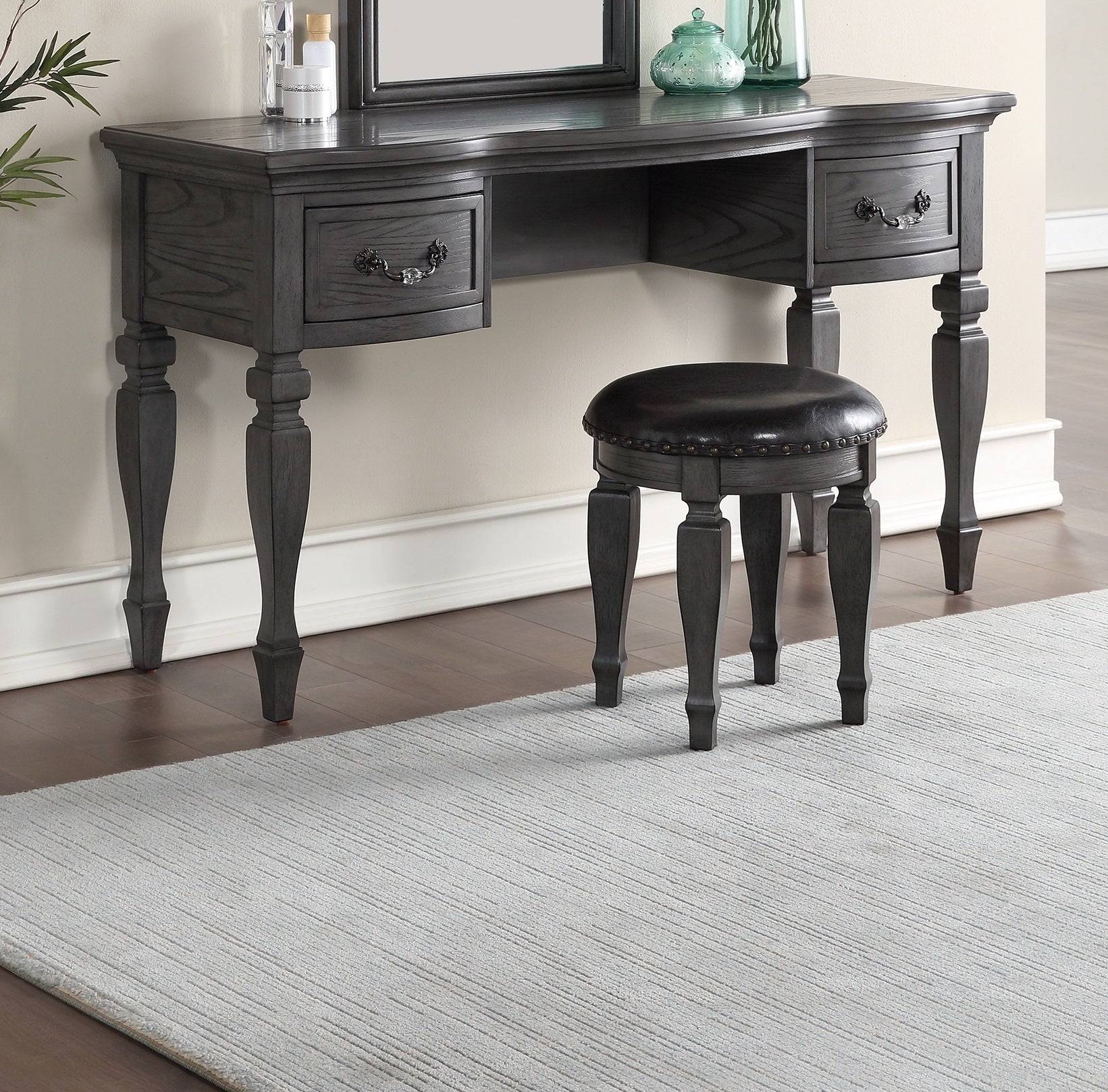Bedroom Classic Vanity Set Wooden Carved Mirror Stool Drawers Antique Grey Finish - 1st Choice Furniture Direct