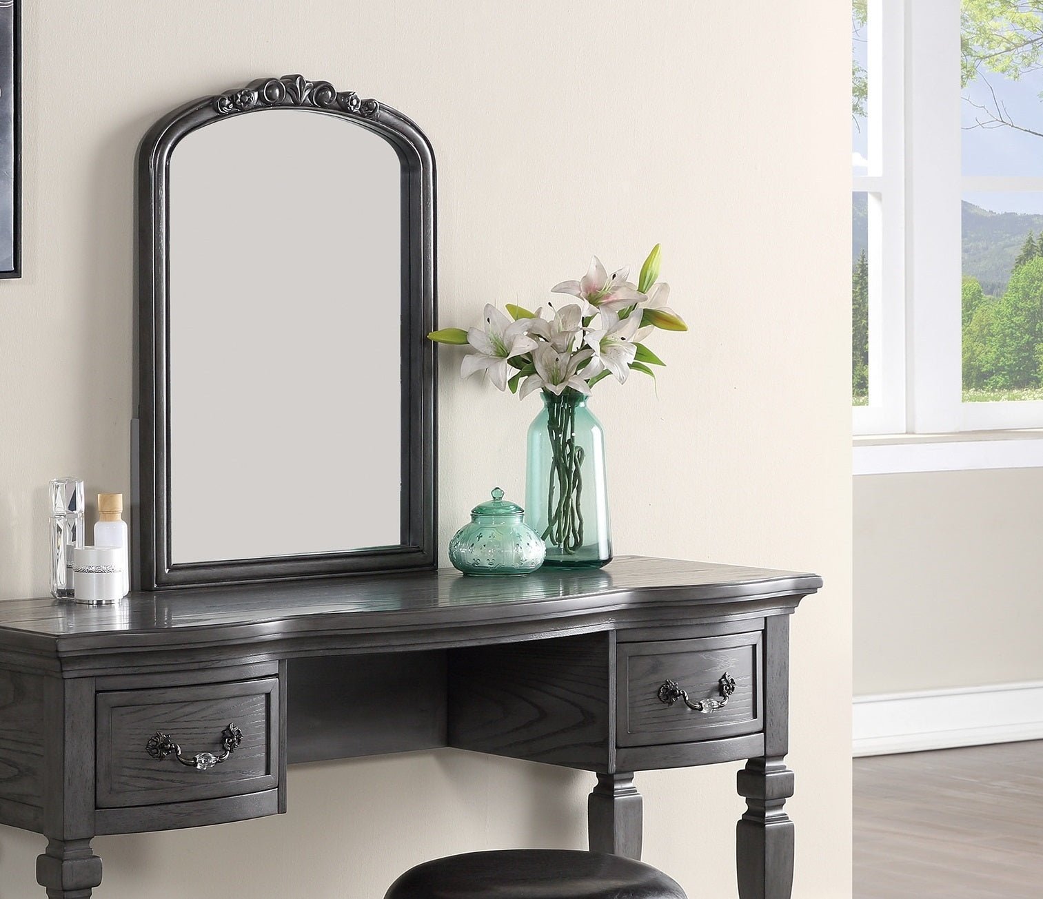 Bedroom Classic Vanity Set Wooden Carved Mirror Stool Drawers Antique Grey Finish - 1st Choice Furniture Direct