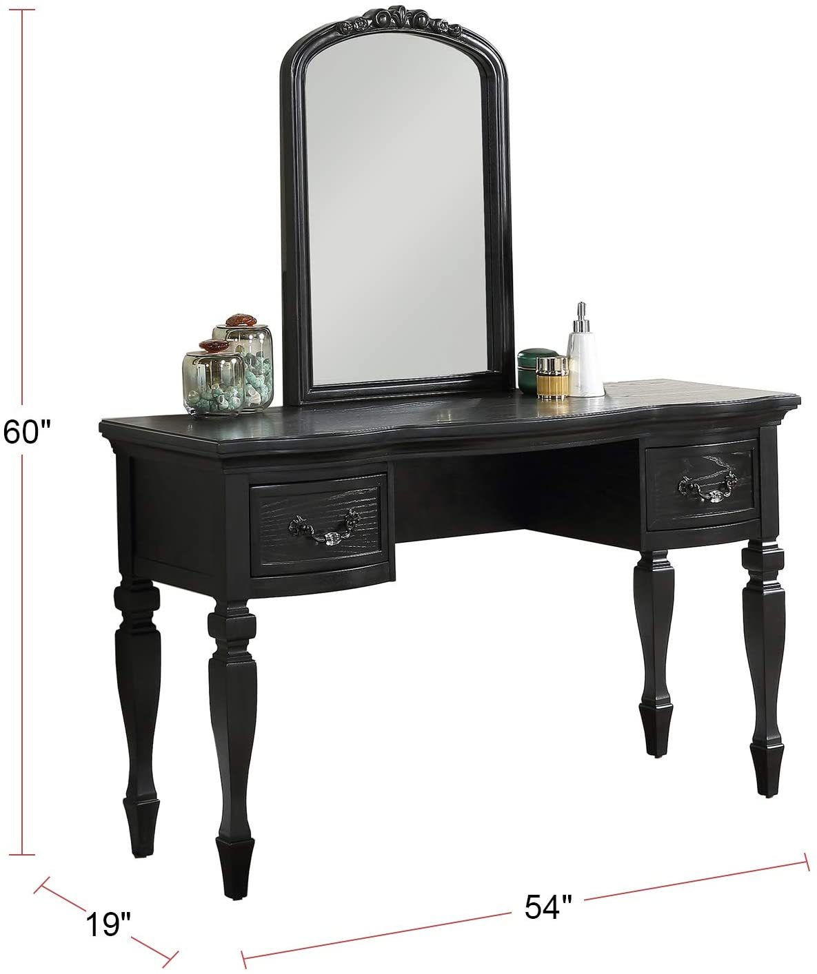 Bedroom Classic Vanity Set Wooden Carved Mirror Stool Drawers Black Color - 1st Choice Furniture Direct