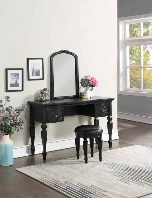 Bedroom Classic Vanity Set Wooden Carved Mirror Stool Drawers Black Color - 1st Choice Furniture Direct