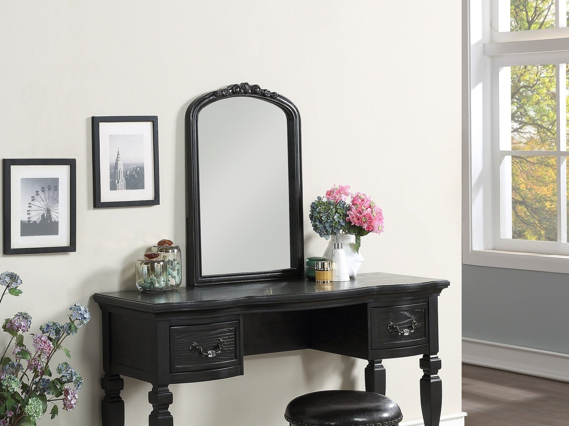 Bedroom Classic Vanity Set Wooden Carved Mirror Stool Drawers Black Color - 1st Choice Furniture Direct