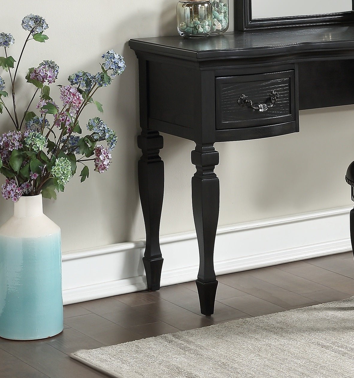 Bedroom Classic Vanity Set Wooden Carved Mirror Stool Drawers Black Color - 1st Choice Furniture Direct