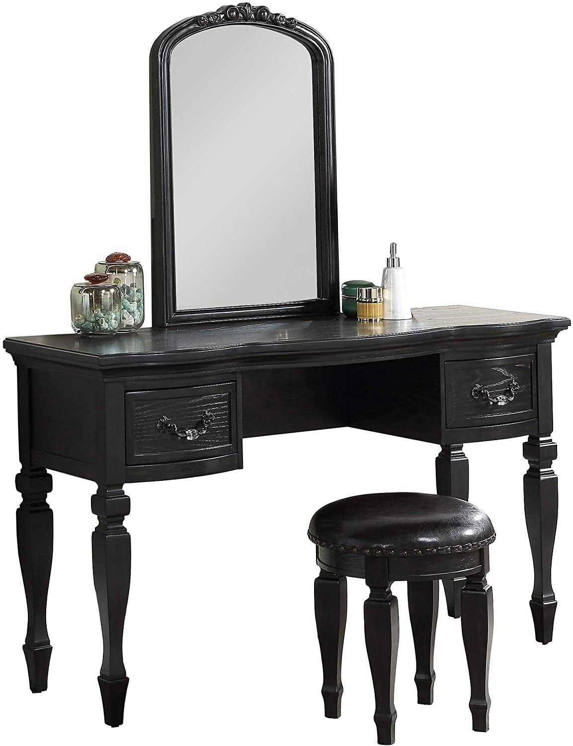 Bedroom Classic Vanity Set Wooden Carved Mirror Stool Drawers Black Color - 1st Choice Furniture Direct