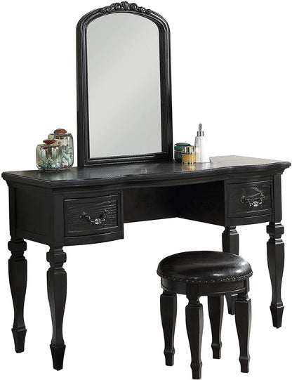 Bedroom Classic Vanity Set Wooden Carved Mirror Stool Drawers Black Color - 1st Choice Furniture Direct