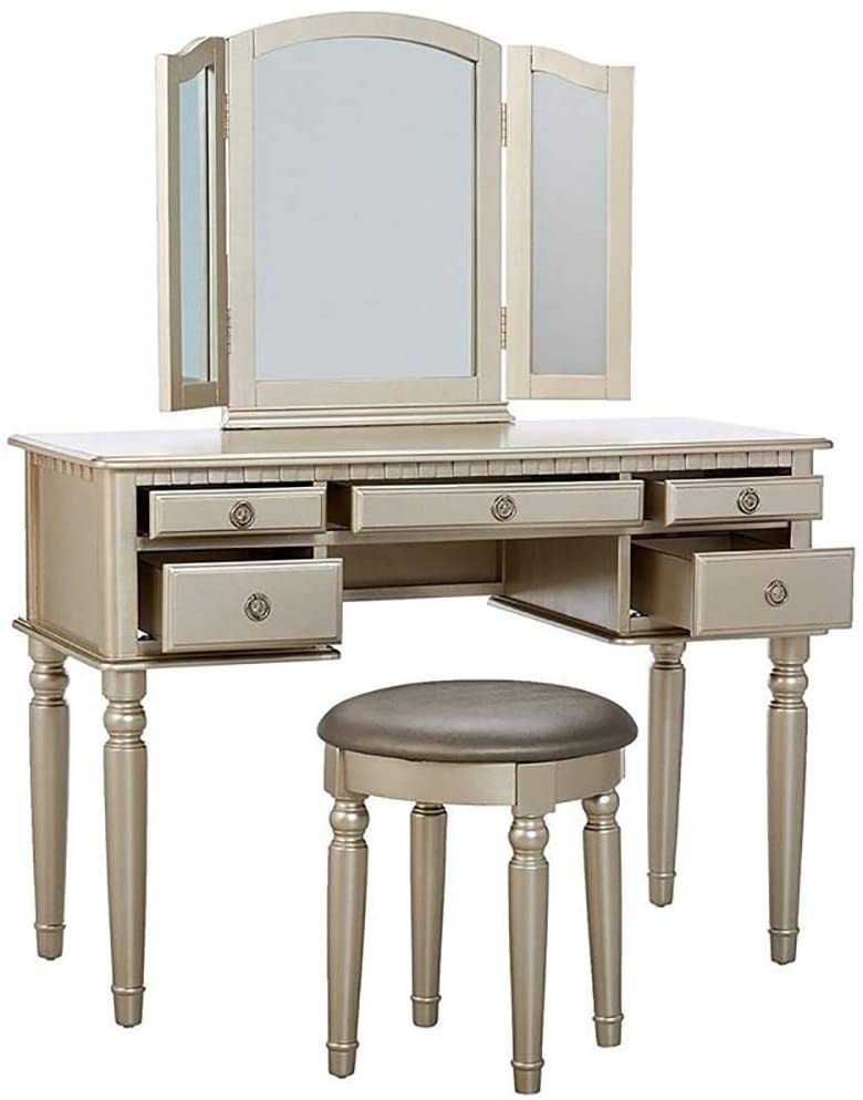 Bedroom Contemporary Vanity Set w Foldable Mirror Stool Drawers Silver Color - 1st Choice Furniture Direct