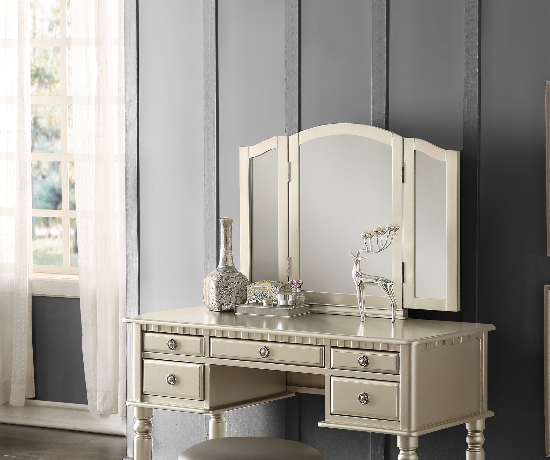 Bedroom Contemporary Vanity Set w Foldable Mirror Stool Drawers Silver Color - 1st Choice Furniture Direct