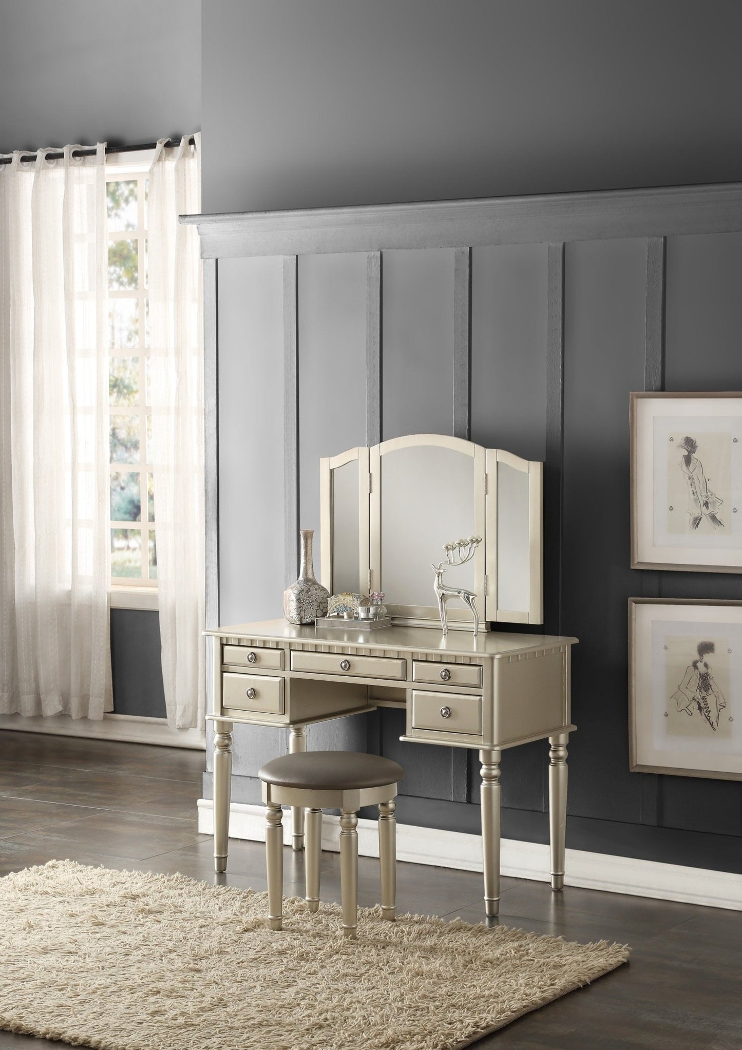 Bedroom Contemporary Vanity Set w Foldable Mirror Stool Drawers Silver Color - 1st Choice Furniture Direct