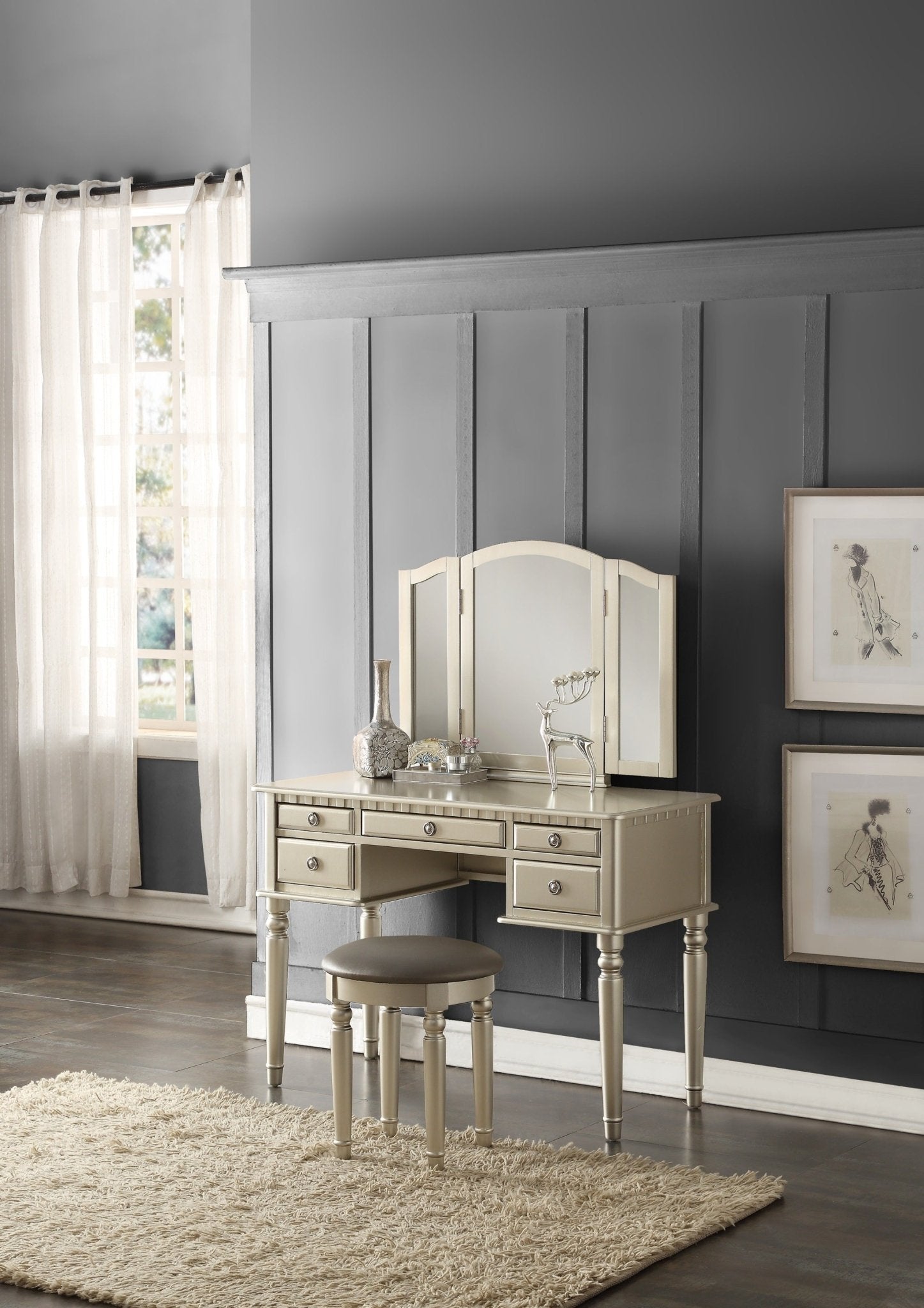 Bedroom Contemporary Vanity Set w Foldable Mirror Stool Drawers Silver Color - 1st Choice Furniture Direct