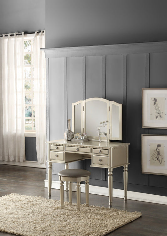 Bedroom Contemporary Vanity Set w Foldable Mirror Stool Drawers Silver Color - 1st Choice Furniture Direct