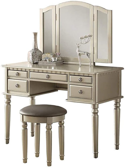 Bedroom Contemporary Vanity Set w Foldable Mirror Stool Drawers Silver Color - 1st Choice Furniture Direct
