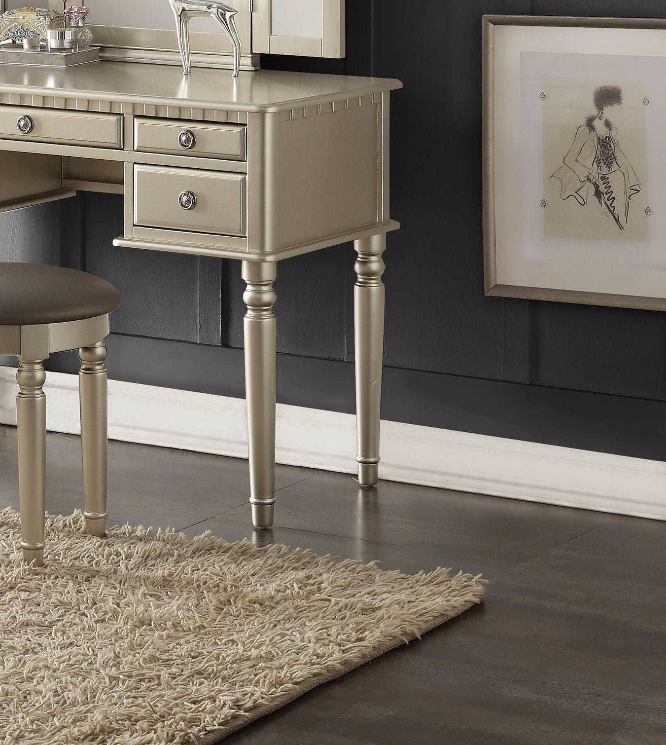 Bedroom Contemporary Vanity Set w Foldable Mirror Stool Drawers Silver Color - 1st Choice Furniture Direct