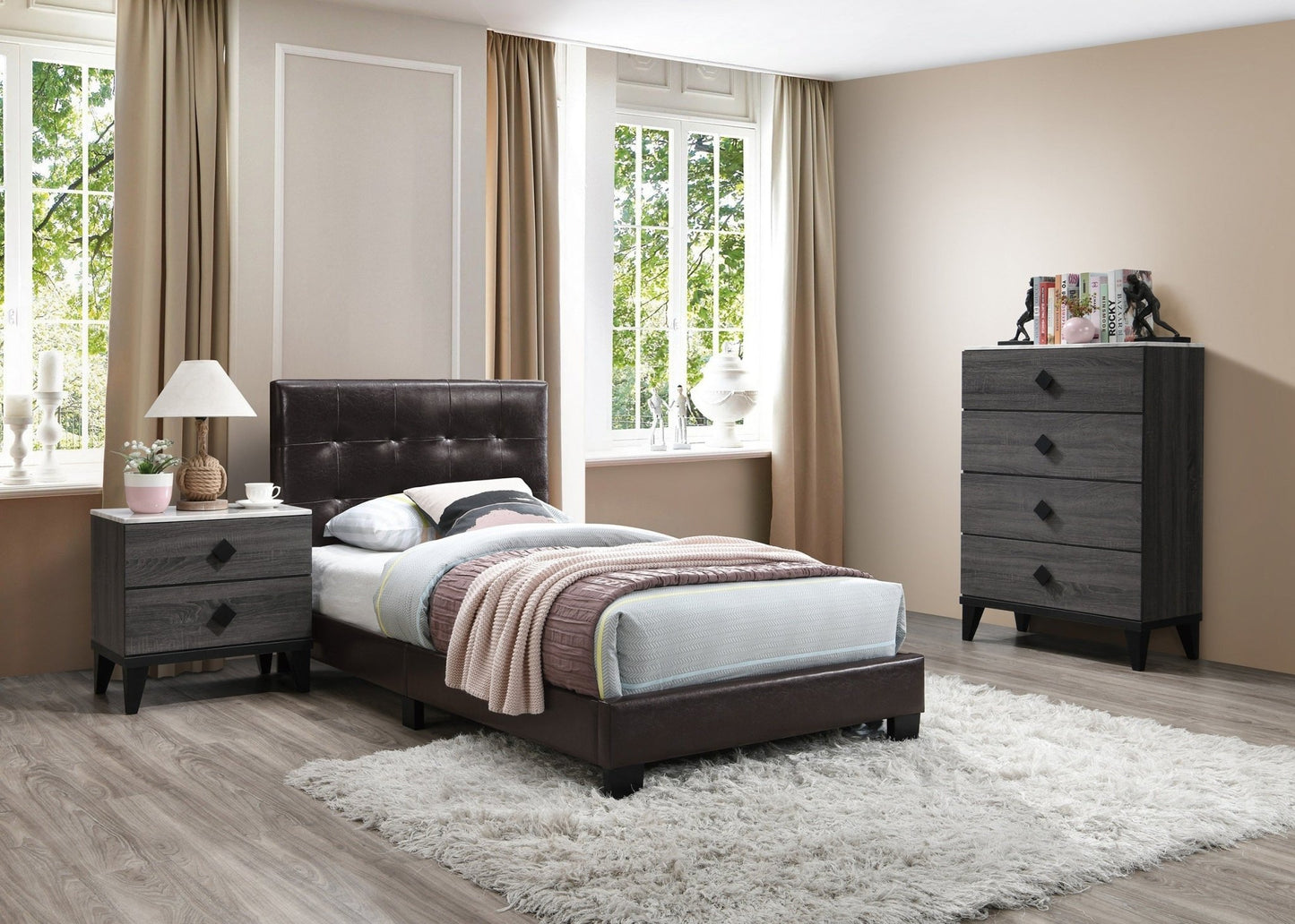 Bedroom Furniture Contemporary Look Grey Color Nightstand Drawers Bed Side Table plywood - 1st Choice Furniture Direct
