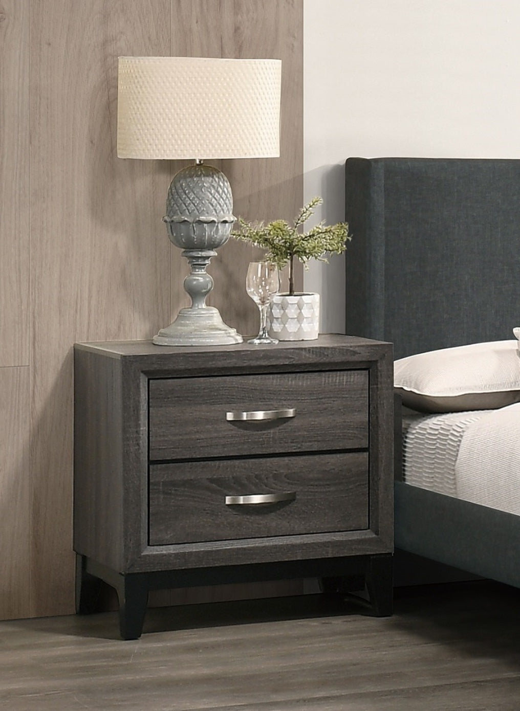 Bedroom Furniture Rustic Grey Oak Simple 1pc Nightstand 2 - Drawers Bed Side Table Solidwood - 1st Choice Furniture Direct