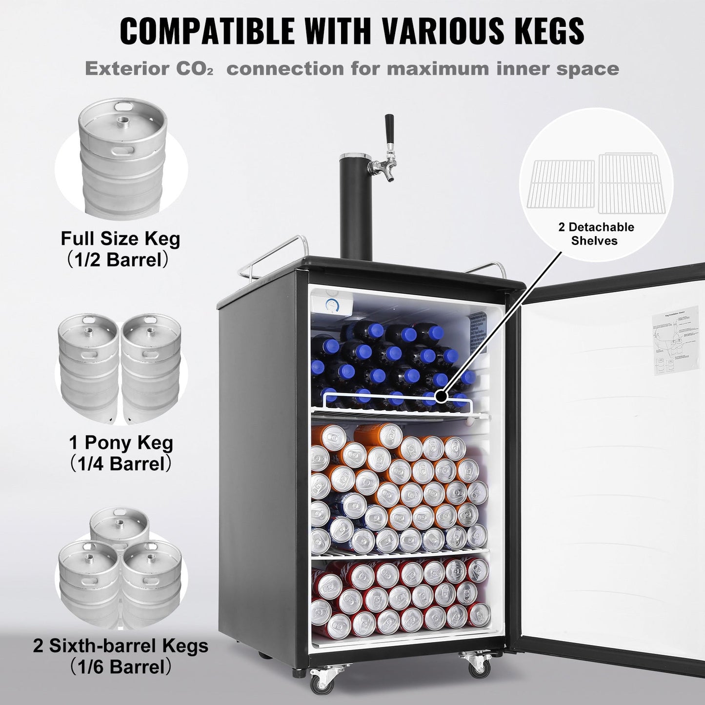 Beer Kegerator, Single Tap Draft Beer Dispenser, Full Size Keg Refrigerator With Shelves, CO2 Cylinder, Drip Tray & Rail, 32°F- 50°F Temperature Control, Holds 1/6, 1/4, 1/2 Barrels, Black - 1st Choice Furniture Direct