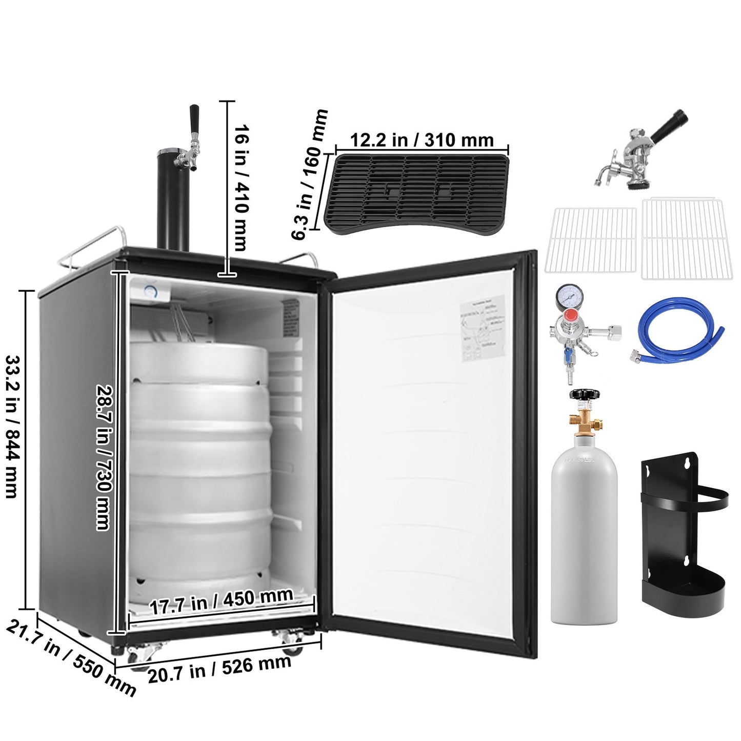 Beer Kegerator, Single Tap Draft Beer Dispenser, Full Size Keg Refrigerator With Shelves, CO2 Cylinder, Drip Tray & Rail, 32°F- 50°F Temperature Control, Holds 1/6, 1/4, 1/2 Barrels, Black - 1st Choice Furniture Direct