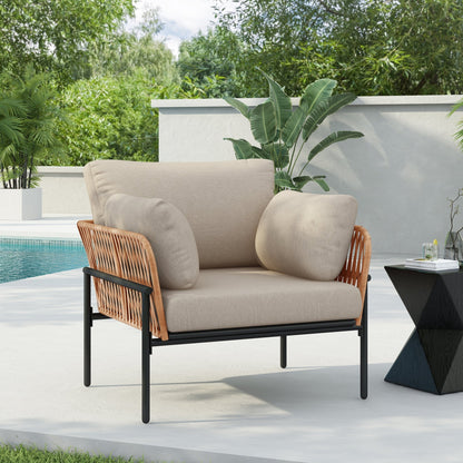 Beige and Light Wood - Tone Rope Iron Lounge Chair with Cushions for Natural and Modern Spaces - 1st Choice Furniture Direct