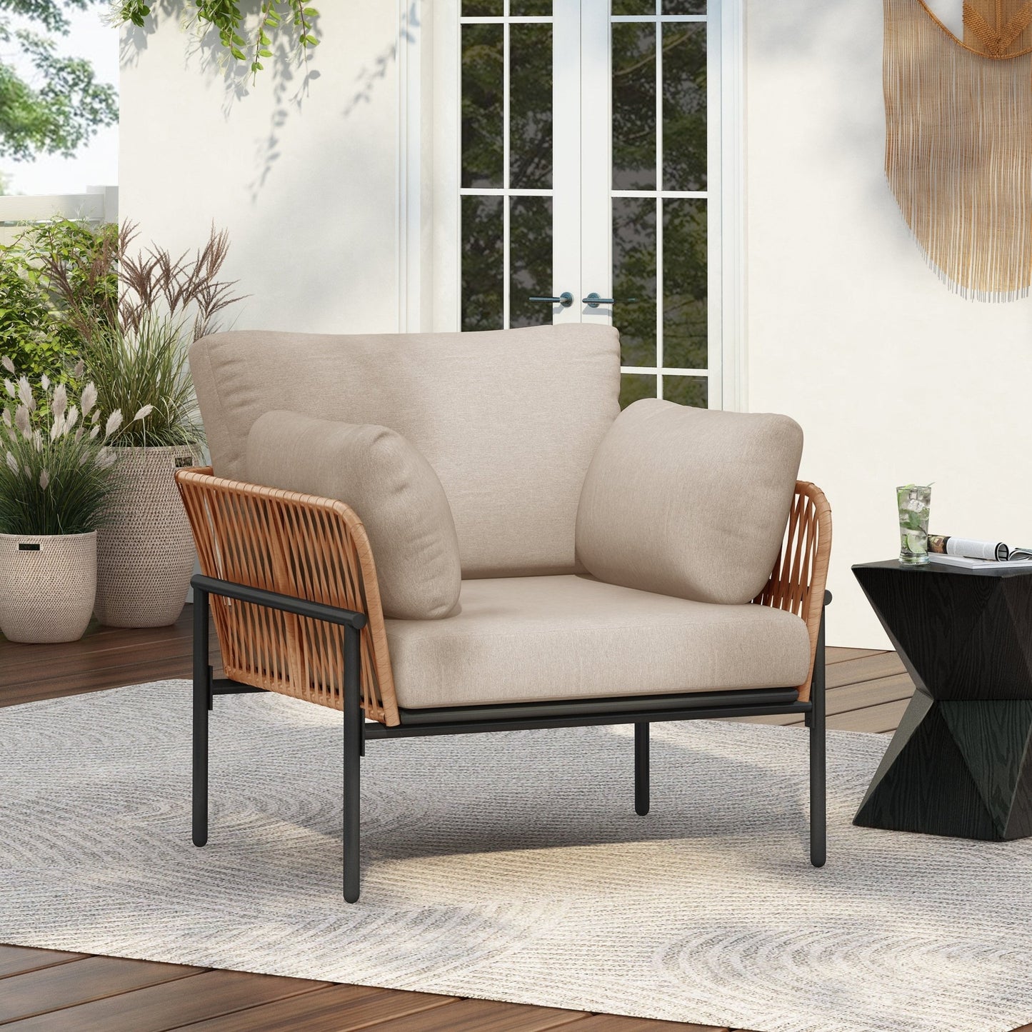 Beige and Light Wood - Tone Rope Iron Lounge Chair with Cushions for Natural and Modern Spaces - 1st Choice Furniture Direct