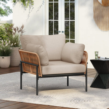 Beige and Light Wood - Tone Rope Iron Lounge Chair with Cushions for Natural and Modern Spaces - 1st Choice Furniture Direct